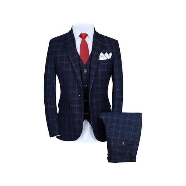 Mens 3-Piece Slim Fit Plaid Suit - Blazer, Vest, and Pants Set for Wedding, Prom, and Business