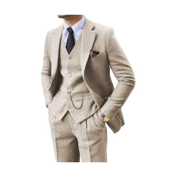 Retro 3 Piece Suit Tweed Herringbone Men's Suits Slim Fit Groom Tuxedos Set Prom Brown Grey Jacket Blazer Vest Pants