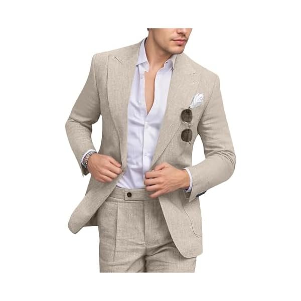 Men's Linen Suit Slim Fit 2 Piece Summer Beach Wedding Suits Peak Lapel Casual Blazer Pants Set for Prom Tuxedo