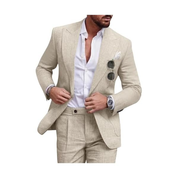 Linen Men Suit Set Casual Tuxedo 2 Piece Regular Fit Blazer One Button Solid Jacket and Pants for Prom Wedding Party