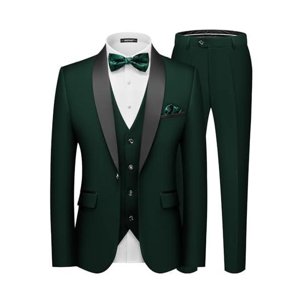 Men's Slim Fit 3 Piece Suit One Button Solid Shawl Lapel Blazer Jacket Vest Pants Set with Tie Pocket Square