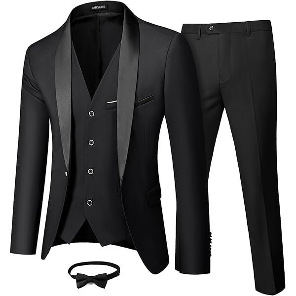 Men’s 3 Piece Slim Fit Suit, One Button Shawl Lapel Tuxedo, Premium Dinner Jacket Vest Pants & Tie Set
