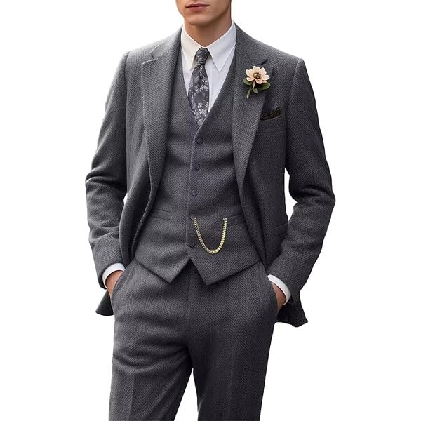 Retro Tweed Men's Suit 3 Piece Slim Fit Herringbone Suits Groom Tuxedos Set Wedding Prom Blazer Jacket Vest Pants for Men