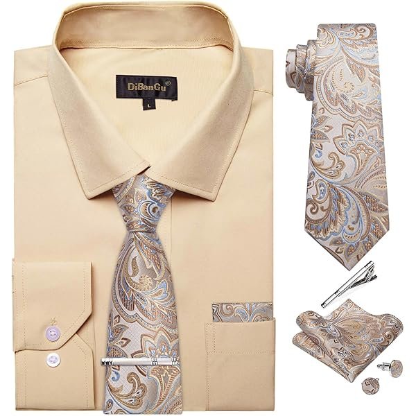 Mens Long Sleeve Dress Shirt and Tie Set Casual Botton Down Shirts for Men Solid Business Shirt with Matching Tie