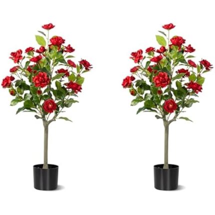 Artificial Camellia Tree 2 Pack, Artificial Plants Outdoor Faux Floral Plant in Cement Pot Fake Silk Camellia Tree Plants for Home House Living Room Office Decor (Red, 3FT)