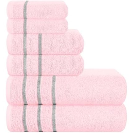 Ultra Soft 6 Pack Cotton Towel Set, Contains 2 Bath Towels 28x55 inch, 2 Hand Towels 16x24 inch & 2 Wash Coths 12x12 inch, Ideal Everyday use, Compact & Lightweight - Pink, 71662