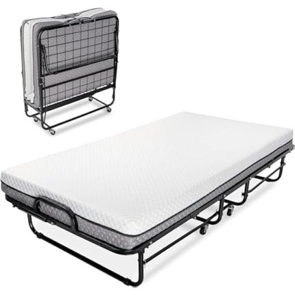 Deluxe Diplomat Folding Bed with Mattress for Adults, Twin Size, Portable Foldable Bed with Luxurious Memory Foam Mattress & Super Strong Frame, 75” x 38", Fold Up, Roll Away, & Hideaway