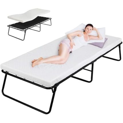 Folding Bed 75" x 35", 4 in Wider Rollaway Bed with Mattress for Adults, Portable, Metal Frame with Memory Foam Mattress, No Assembly Required (75" x35" x14")