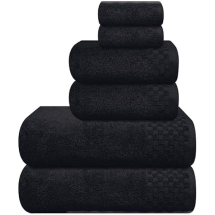 Premium Cotton 6 Pack Towel Set for Bathroom, Contains 2 Bath Towels 28x55 inch, 2 Hand Towels 16x24 inch & 2 Wash Coths 12x12 inch, Ideal Everyday use, Compact & Lightweight - Black