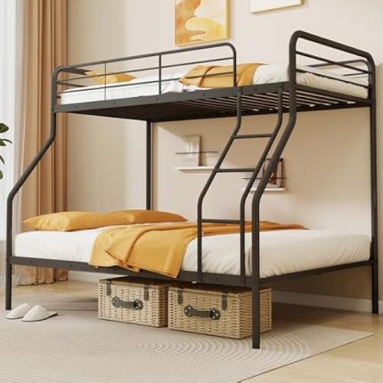 Metal Bunk Beds Twin Over Full Size, Heavy Duty Bunk Bed for Teens Adults with Ladder & Guardrails, Space Saving Metal Bunk Bed for Dorm, Bedroom, Apartment, No Box Spring Needed (Black)