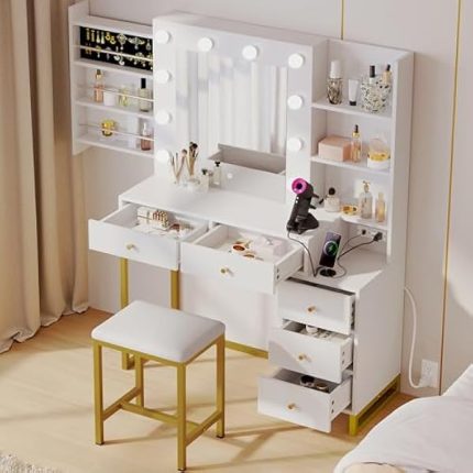 Makeup Vanity Desk with Mirror & Power Outlet, Hollywood Vanity Set with Hidden Jewelry Storage, 5 Drawers and Lots Shelves, Adjustable 3 Lighting Colors, Dressing Table with Stool, White
