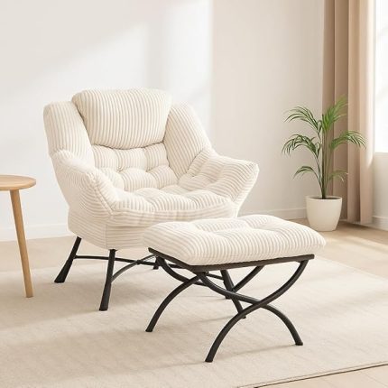 Modern Lazy Chair with Ottoman, Upholstered Lounge Chair with Armrests & Side Pocket, Comfortable Reading Sofa with Footrest for Bedroom, Living Room, or Small Spaces (White)
