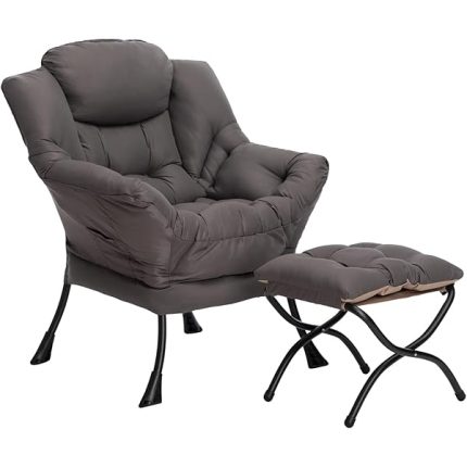 Fabric Lazy Chair with Foldable Ottoman, Accent Comfy Lounge Arm Chair and Folding Footrest Stool Set, Leisure Sofa Reading Chair and Footstool for Living Room, Bedroom, Dorm, Dark Grey