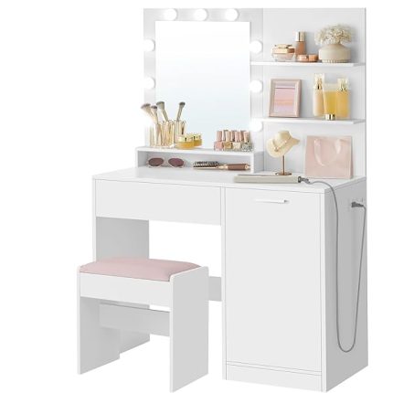 Vanity Desk with Mirror and Lights, 35.4-Inch Wide Makeup Vanity with Upholstered Vanity Stool, Power Outlets, Dimmable LED Lights, Storage Drawer, for Bedroom, Cloud White URDT128W01