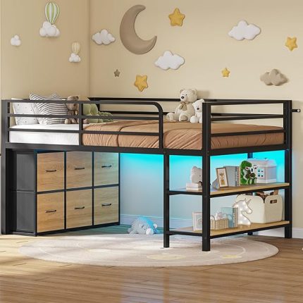 Low Loft Bed Twin Size with 6 Storage Drawers, LED Lights, 2 Tier Storage Shelves, Kids Metal Loft Bed with 15" H Stairs & Safety Guardrail, Spave Saving, Black & Natural