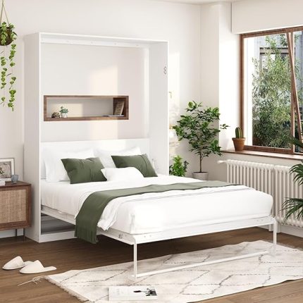 Queen Size Murphy Bed Cabinet, Folding Murphy Wall Bed Space-Saving Platform Bedframe for Guest Room Home Office Bedroom, White 86.8”L x 64.6”W x 85.6”H