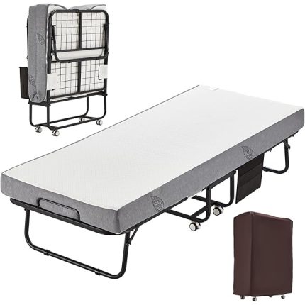Folding Bed with Mattress,75" x 31" Foldable Rollaway Bed with Mattress for Adults, 5 Inch Memory Foam Mattress,Single Cot Size Portable Bed with Metal Frame&Bed Side Pocket