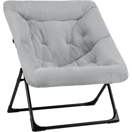 Folding Saucer Chair, Comfy Faux-Fur Reading Chair, Foldable Accent Chair for Teens, Adults, Oversized Lazy Chair, Large Lounge Chair for Living Room, Bedroom, Dorm, Grey