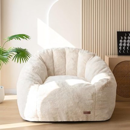 Giant Bean Bag Chair, Oversized Bean Bag Couch for Adults and Kids, Faux Fur Shell-Shaped Large Chair with Filler, Stuffed Big Accent Sofa Lounge Floor Sofa for Gaming, Reading, Beige