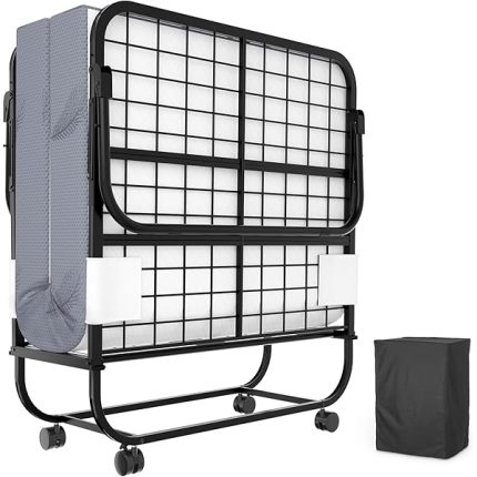 Folding Bed with Mattress, Storage Cover Included, Cot Size Extra Rollaway Guest Bed for Adults, with Memory Foam Mattress and Sturdy Metal Frame on Wheels, 75” x 31"