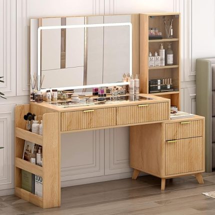 Fluted Makeup Vanity Desk with Mirror and Light, 46" Modern Glass Top Big Vanity Desk with 3 Drawers,Charging Station,Storage Cabinets & Shelves, Vanities for Bedrooms, Natural Oak