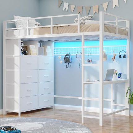 Twin Loft Bed with Desk & 8 Storage Drawers Tall Dresser, White Metal Loft Bed with LED Lights & Charging Station, 2-Tier Storage Shelves, Stable & Sturdy, Noise Free, White