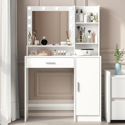 Vanity Desk with Mirror and Light, Large Drawer and Three Level Storage Dresser, 3 Lighting Modes Adjustable Brightness, Bedroom Dressing Table (White)