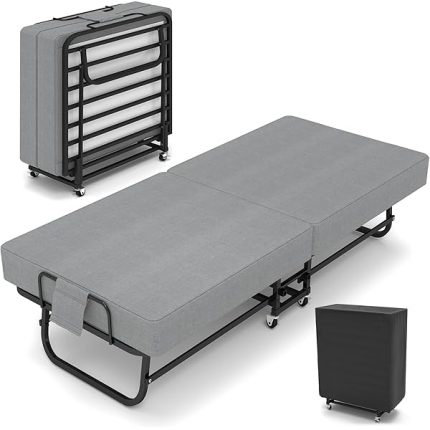 Folding Bed with Mattress for Adults, Portable Foldable Roll Away Bed on Wheels, Memory Foam Mattress and Metal Frame, Space Saving Fold Up for Easy Storage, 75" x 31"