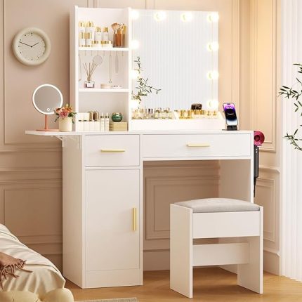 Vanity Desk with Mirror and Lights & Extral Foldable Desk, 35.43"-43.3" Makeup Vanity Table with Stool and Plug Strip, 5 Drawers and Open Shelves Dressing Table for Bedroom, White