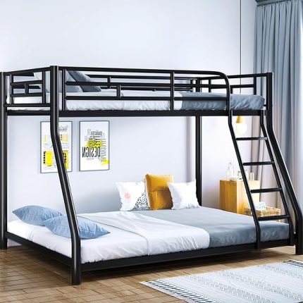 Metal Bunk Bed, Full Size Bed Frame for Adults, Twin Over Full Bunk Bed with Safety Guardrail and Ladder, Bed Twin (Black)