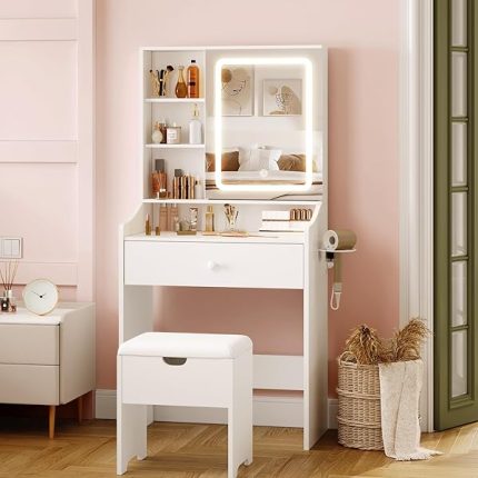 Small Makeup Vanity Desk with Mirror and Lights,Adjustable 3 Lighting Modes,White Vanity Set with Charger Station and Stool