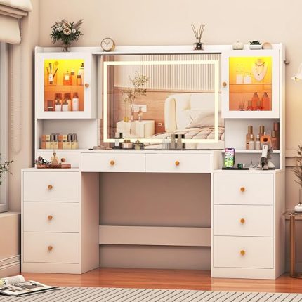 62" Large White Vanity Desk w/ Tempered Glass Top,60000-color LED Lights,Power Outlet, Make up Vanity w/ 3 Lights Mode LED Mirror,9 Drawers,2 RGB Cabinet LEDs Vanitys Table for Women,Girls