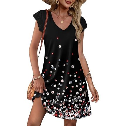 Womens Summer Dresses 2025 Ruffle Sleeve V Neck Loose Swing Sundresses with Pockets Plain/Print