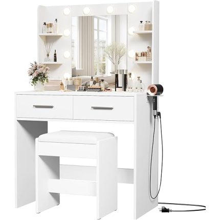 Make up Vanity Desk with Mirror and Power Outlet, Vanity with 3 Color Light Options Adjustable Brightness,Vanity Desk with 2 Drawers, 6 Storage Shelves (White, with Bench)