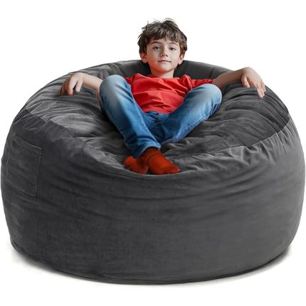 Large 3.5’ Bean Bag Chair for Kids, Teens, Adults, Memory Foam, Easy to Clean Washable Soft Suede Cover, Reinforced Zipper, Perfect for Living Room, Den, Bedroom, or Dorm, Dark Grey