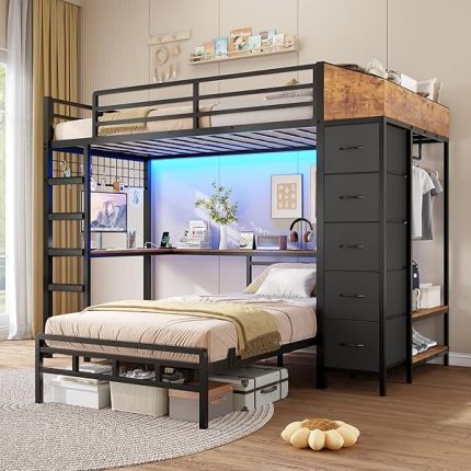 Bunk Bed Twin Over Twin with Hall Tree, Charging Station and LED Lights, L-Shaped Bunk Bed with Desk, 5 Storage Drawers, Twin Bunk Beds with Guardrail & Stairs, No Box Spring Needed, Black