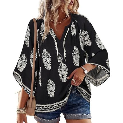 Womens Boho Tops 3/4 Sleeve V Neck Casual Loose Fit Blouses Shirt Bohemian Vacation Clothes