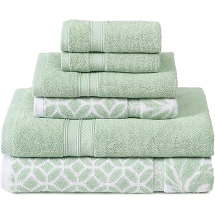 Trefoil Filigree 6-Piece 100% Cotton Towel Set – Reversible Yarn Dyed Jacquard – Includes 2 Bath Towels, 2 Hand Towels, 2 Washcloths – Absorbent, Quick Dry, Soft & Durable – Sage Green