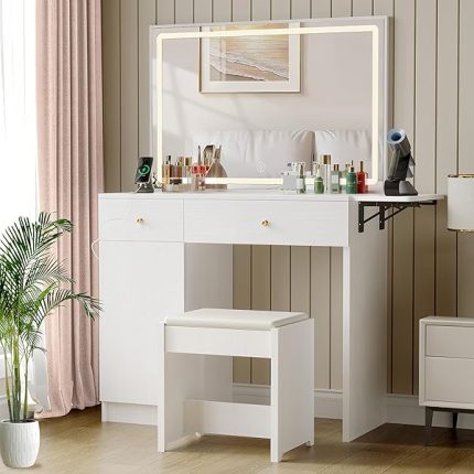 Vanity Desk with 35" Large LED Lighted Mirror & Power Outlet, Makeup Table Set with Drawers & Cabinet, Stool, Dressing Table with Fold-up Panel for Bedroom, Makeup Vanity White (1, Square A)
