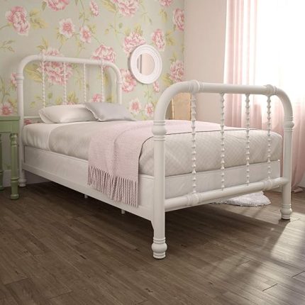 Jenny Lind Kids Metal Bed Frame with Country Chic Headboard and Footboard, Underbed Storage Space for Toys, Twin, White