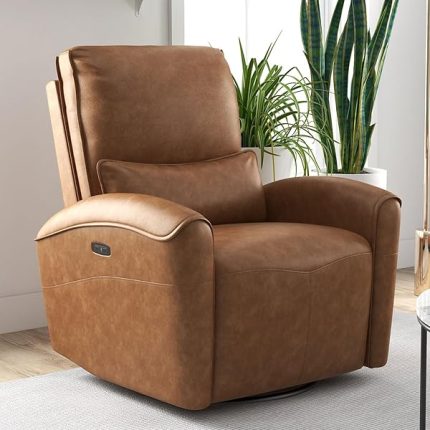 Power Swivel Rocker Recliner Chair with USB Port, 23.2" Wide Seat, Fixed Lumbar Support, Upholstered Glider Chair for Nursery Living Room, Brown