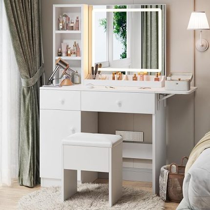 Makeup Vanity Desk with Mirror and Lights, White Vanity Table with Power Outlet and 3 Lighting Modes, Dressing Table Set with Cabinet Drawers Shelves and Storage Stool for Bedroom