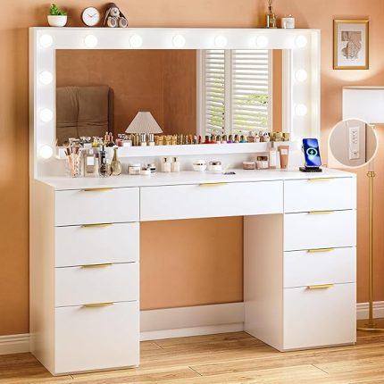 Vanity Desk with Large Mirror and Lights, 45.3in Makeup Vanity with Power Outlet 9 Drawers & Storage, 3 Lighting Color Adjustable, White Vanity Desk for Bedroom