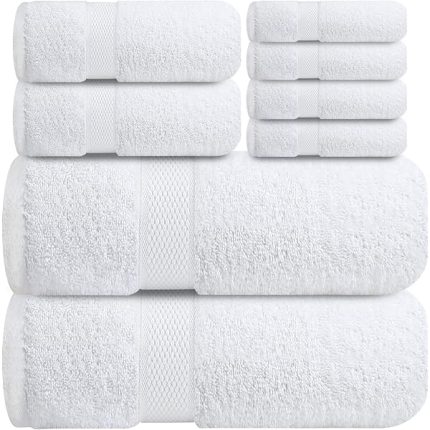 Luxury 100% Cotton Towel Set – 8 Piece Bathroom Towel Set (2 Bath Towels, 2 Hand Towels, 4 Washcloths) – Soft & Absorbent Towels for Bathroom (Brilliant White)