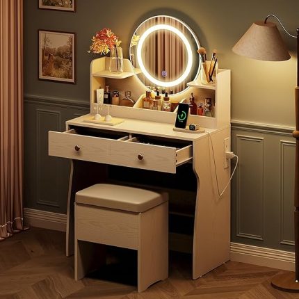 Vanity Desk with Mirror and Lights, 31.5 inches Small Desk with 2 Drawers, 3-Color LED Lights, 2 Shelves, 3 Compartments, Dressing Table Set with Chair for Dorm, Bedroom, or Apartment, White