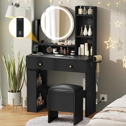 Vanity Desk with Mirror and Lights, Makeup Vanity Table Set with Power Outlets and Chair, 3 Lighting Colors, Makeup Desk with 3 Drawer and Lots Storage Shelves for Bedroom, Black Dressing Table