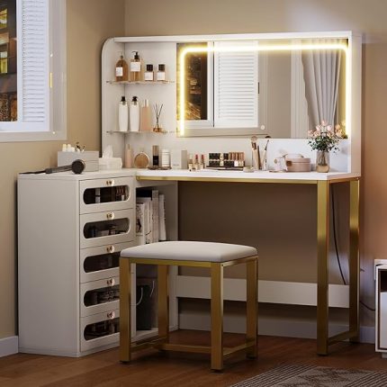 Vanity Desk Set- L Makeup Vanity with Mirror and Lights 3 Lighting Modes, 48" Large Dressing Table with 5 Tempered Glass Drawers with Open Storage Shelves Vanity Table, White Upgraded