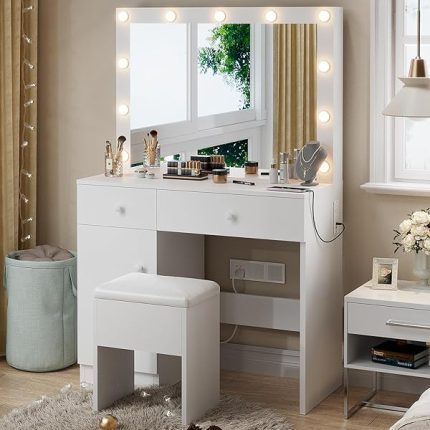 Vanity Desk with Mirror and Lights, White Makeup Vanity with Power Outlet and 3 Color Light Modes, Dressing Table Set with Drawers Cabinet and Storage Chair for Bedroom