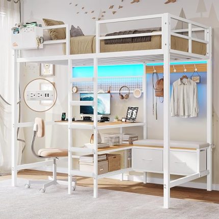 Twin Loft Bed with L-Shaped Desk, Storage Shelves and Charging Station Twin Size Metal Loft Bed with LED Lights and Coat Rack with 2 Storage Drawers,Top Bunk with Safety Guard & Stair, White
