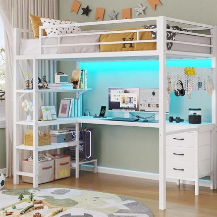 Loft Bed Twin Size with L-Shaped Desk, LED Lights,Charging Station,Twin Metal Loft Bed with Desk, Fabric Drawers & Shelves, 13.4" H Safety Guard, No Box Spring Needed,White